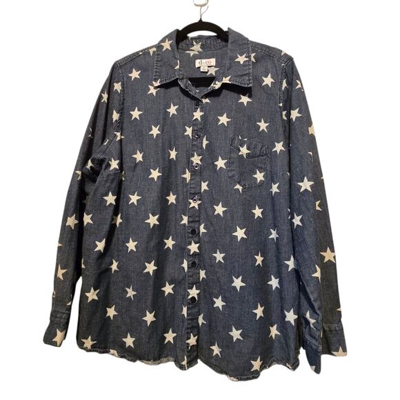 D&Co Denim Stars Button Shirt Womens XL Blue Patriotic July 4th Western Boho - Picture 1 of 9